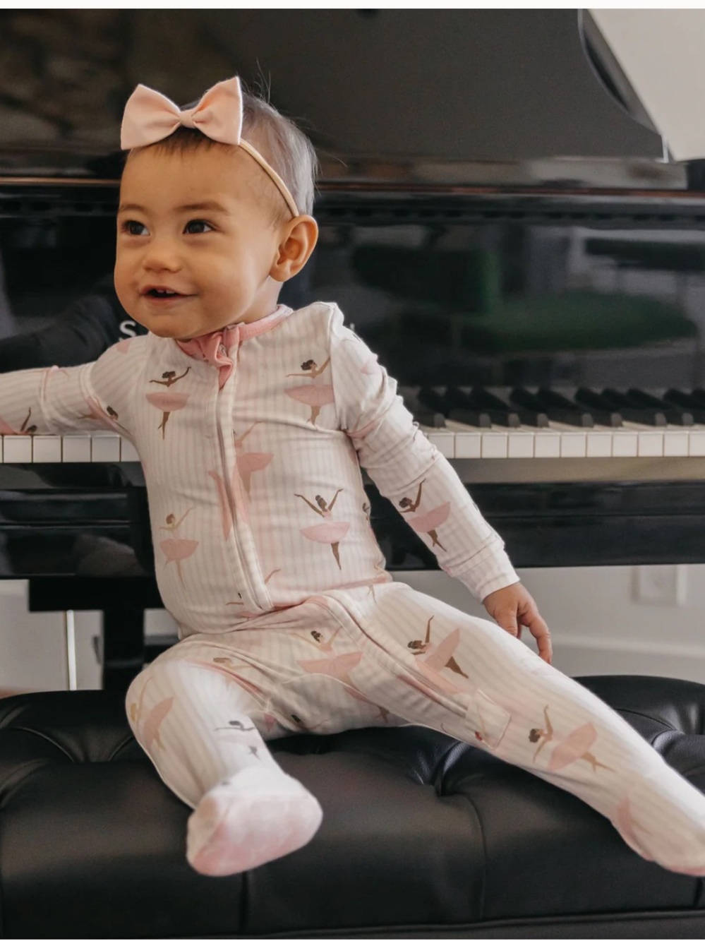 Zip-Up Baby Footie Pajama in Light Pink Ballerina Print